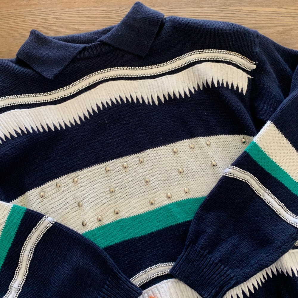 Vintage Bonnie and Bill by Holly Navy Beaded Studded Collared Sweater Mens M
